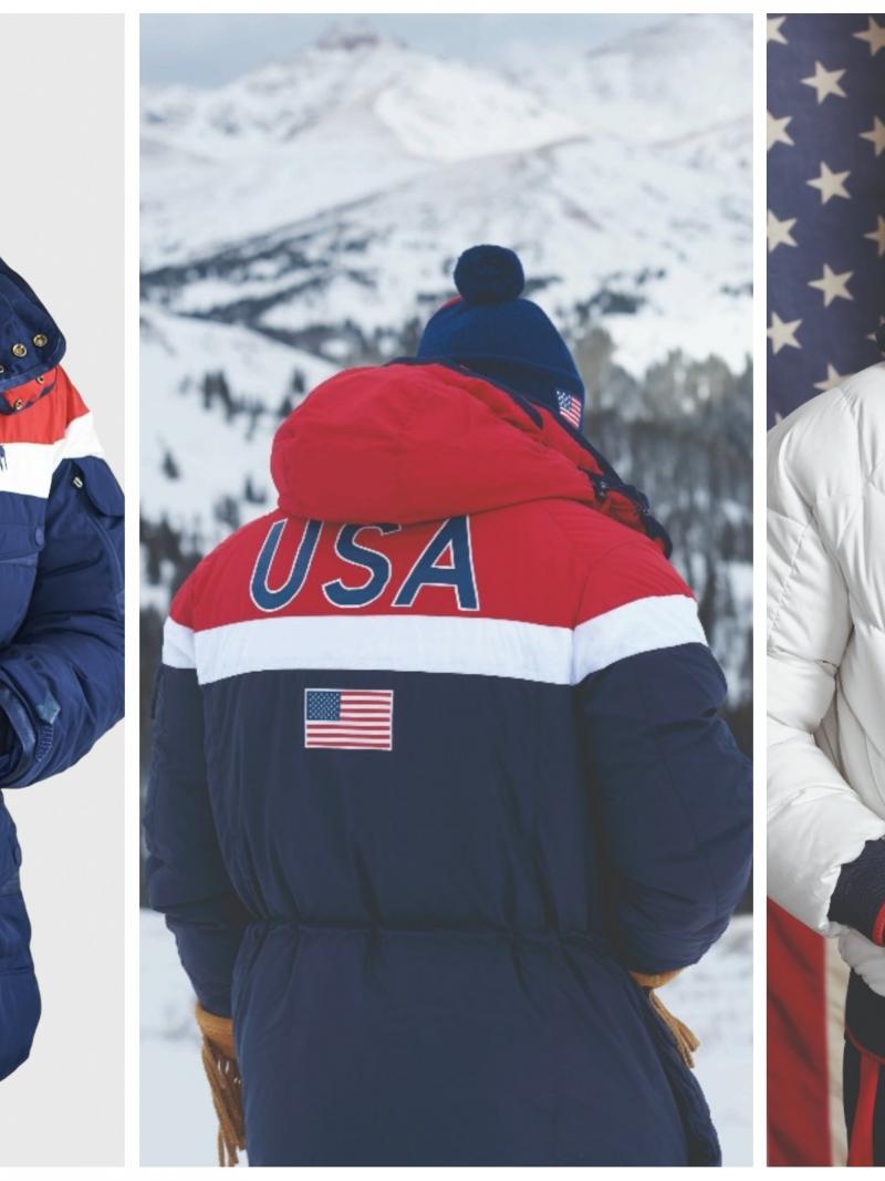 a man modelling winter jackets with the USA logo on them