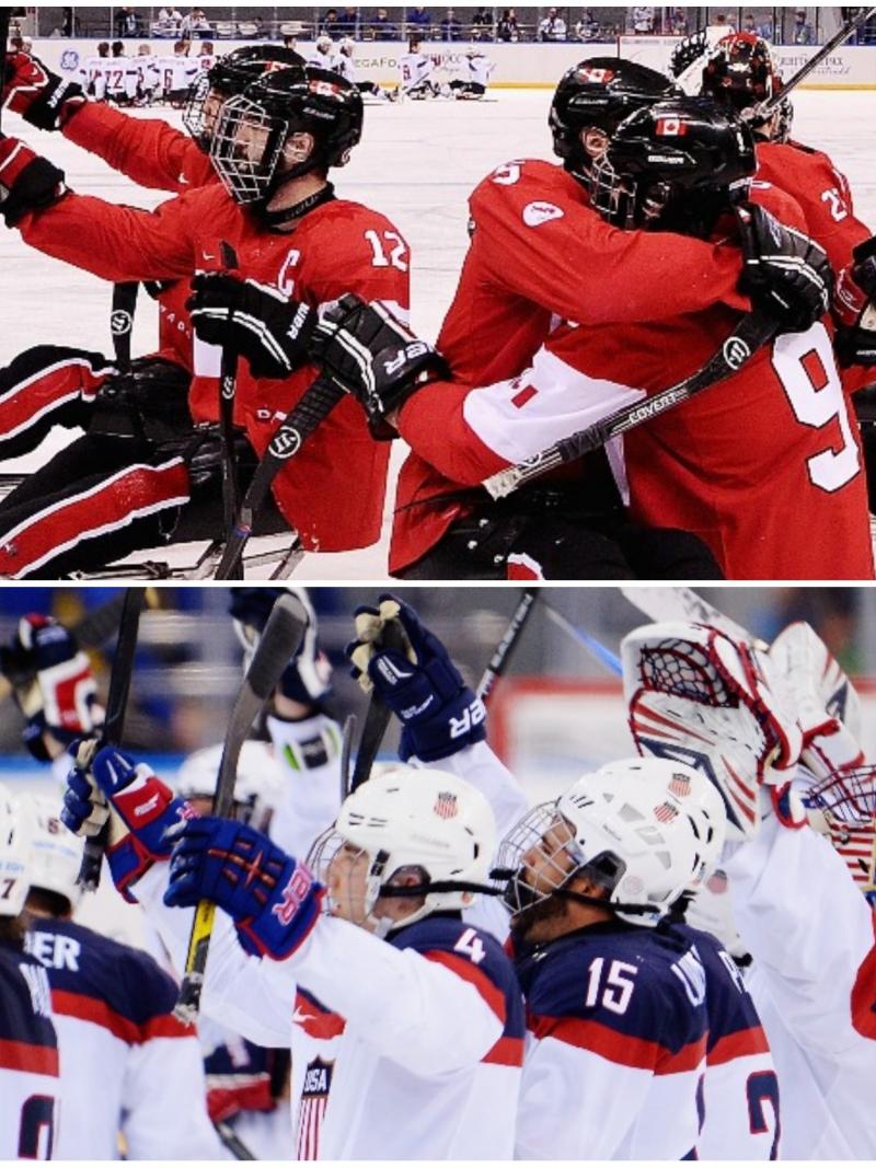 two Para ice hockey teams celebrating on the ice