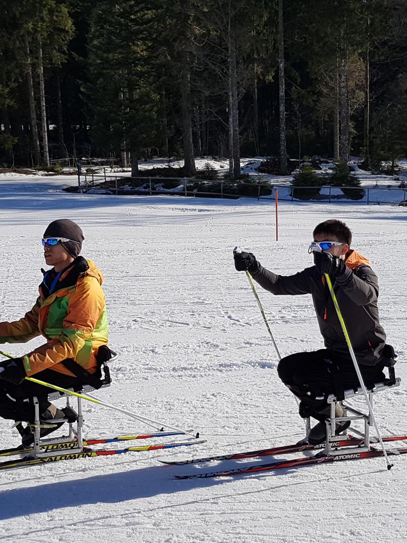 two male sit skiers on the snow