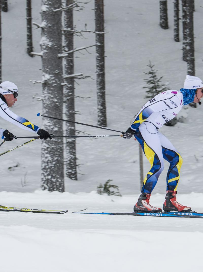a male Nordic skier and his guide mid-race