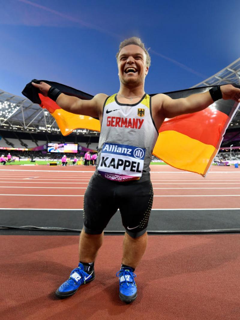 Niko Kappel of Germany celebrates victory in the Men's Shot Put F41 Final at the London 2017 World Para Athletics Championships.