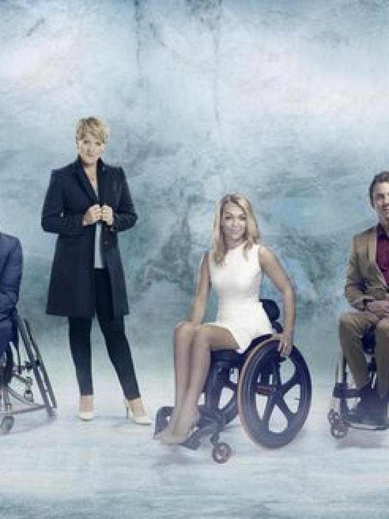 five TV presenters standing in front of a winter backdrop