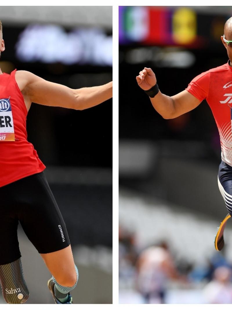 two long jumpers jumping into the sand