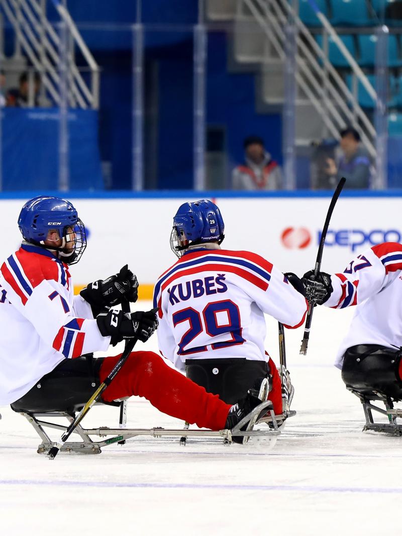 Para ice hockey players celebrating on the ice