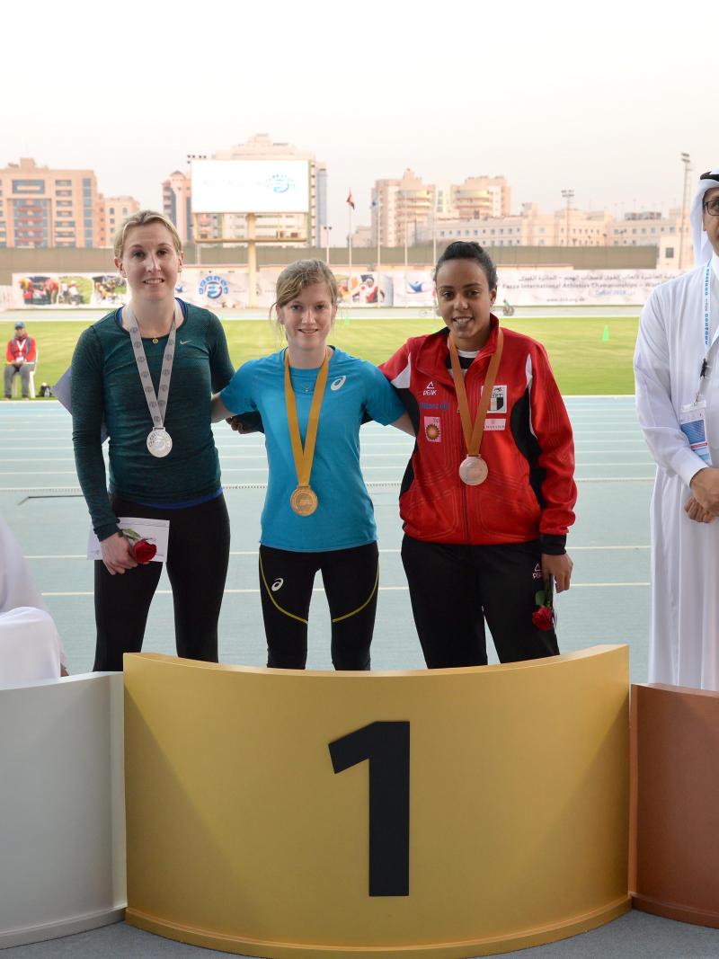Great Britain's Sophie Hahn celebrates winning gold in the 200m T35/36/37/38. at the 2018 World Para Athletics Grand Prix in Dubai.