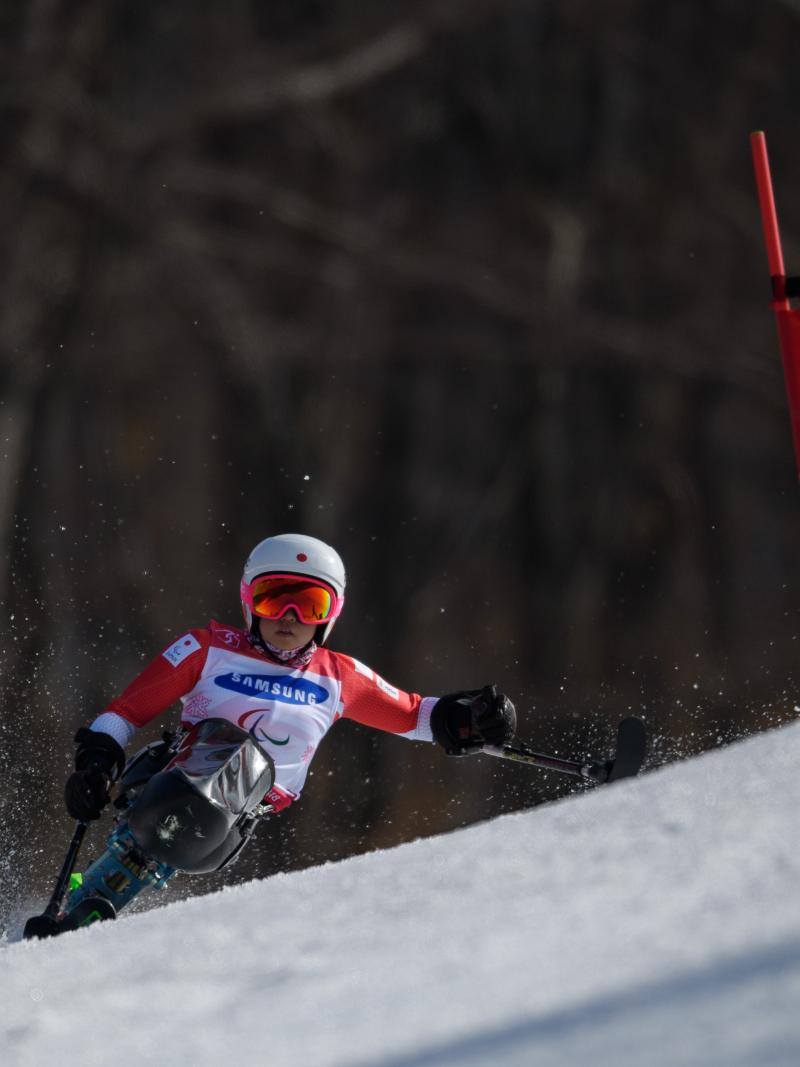 Momoka Muraoka competes during the Alpine Skiing Sitting Women’s Giant Slalom run 2