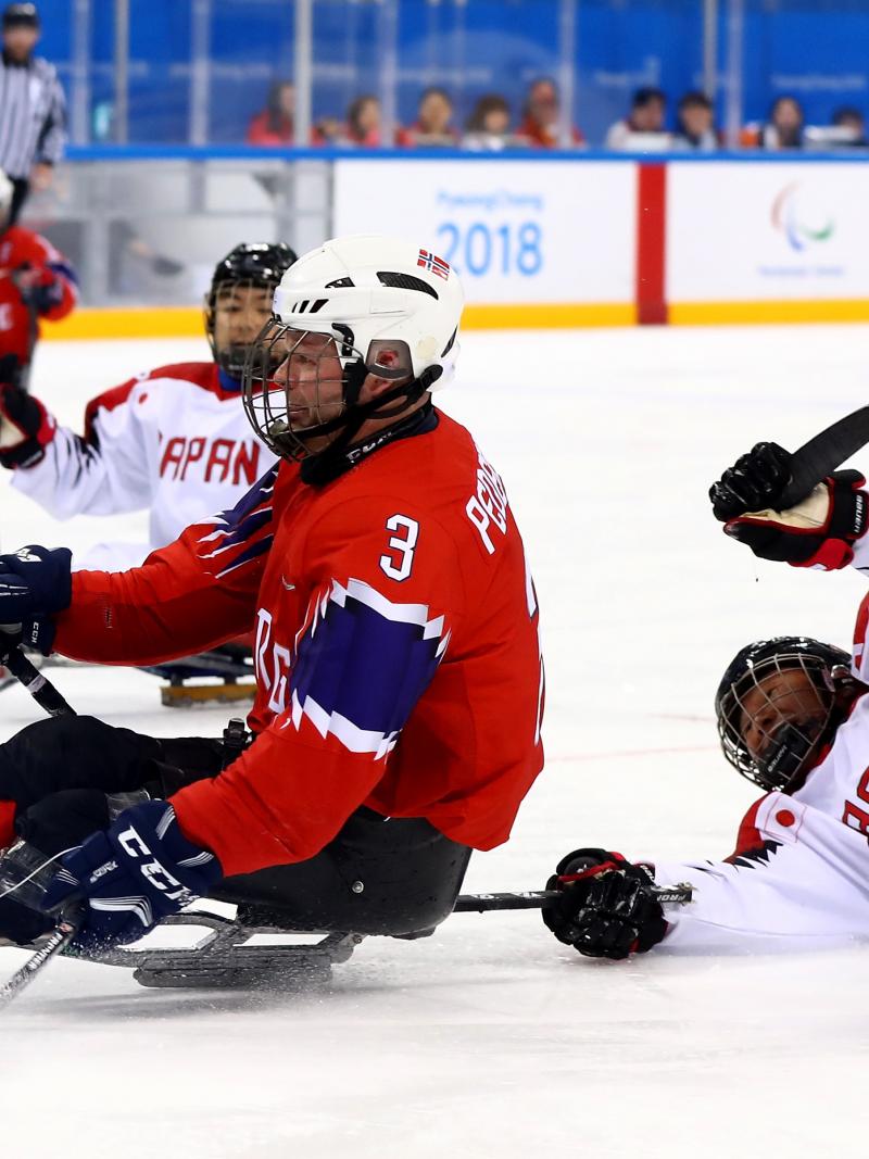 Para ice hockey players battling for the puck