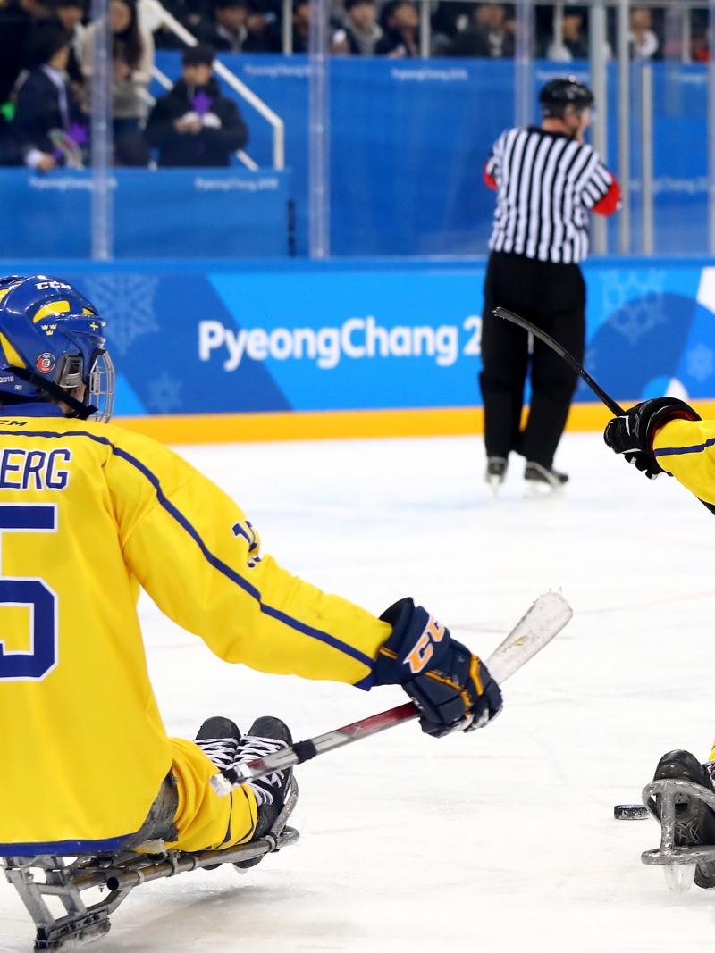 two Para ice hockey players celebrate a goal
