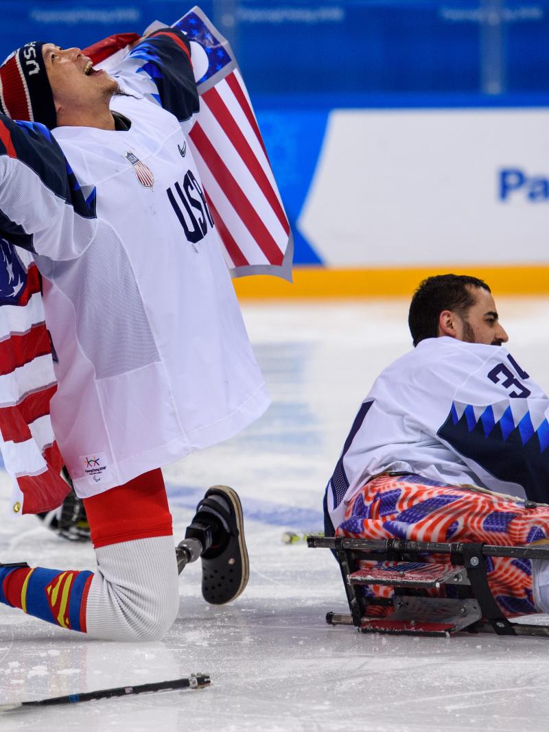 USA´s Jen Lee celebrates after defeating Canada 2-1 in the Para ice hockey final at PyeongChang 2018