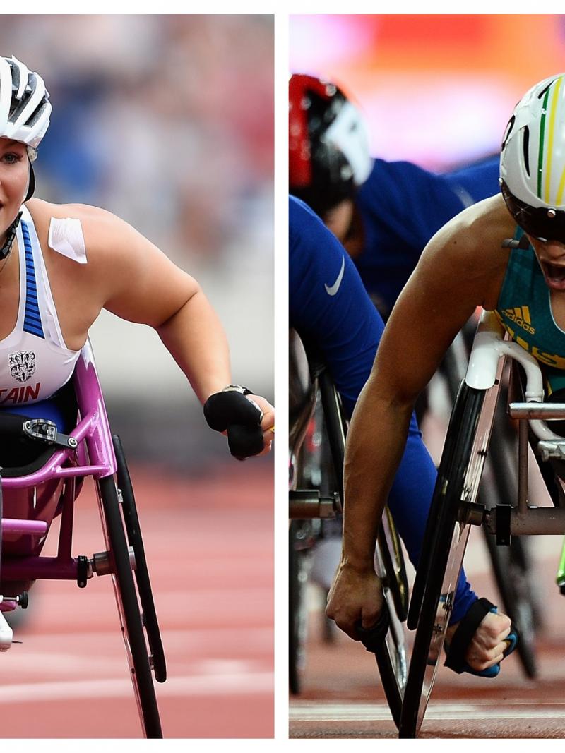 two female wheelchair athletes crossing the line