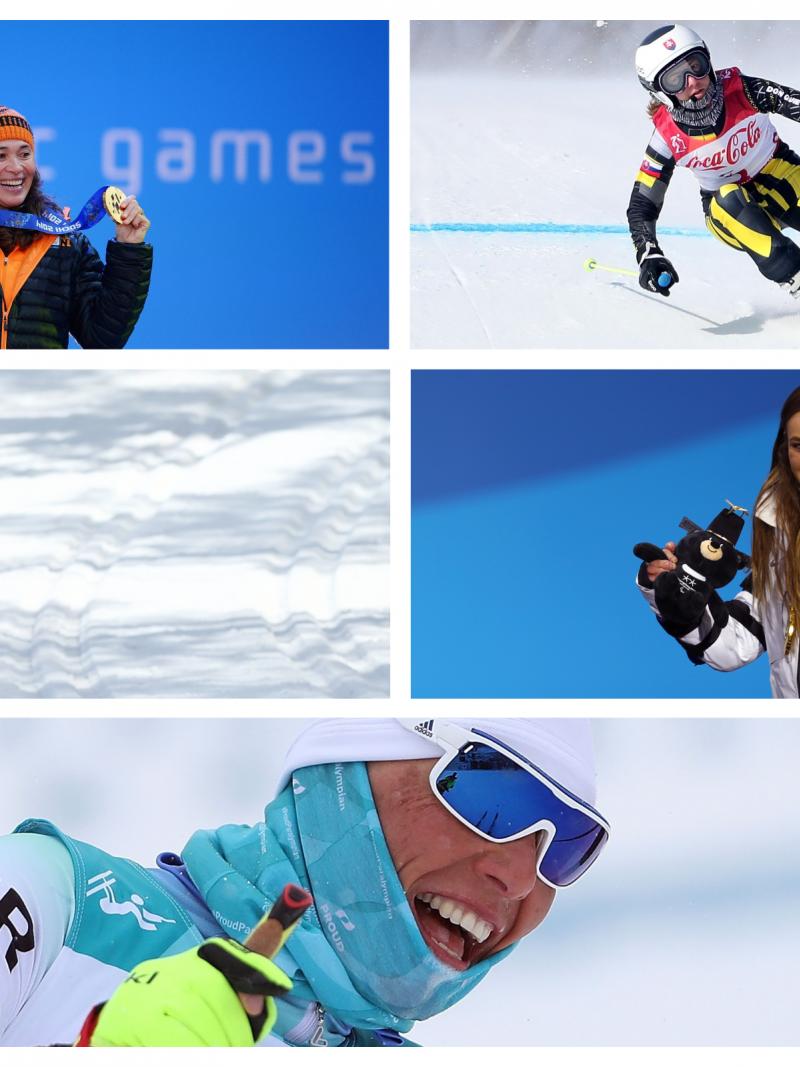 five female athletes competing in winter sports