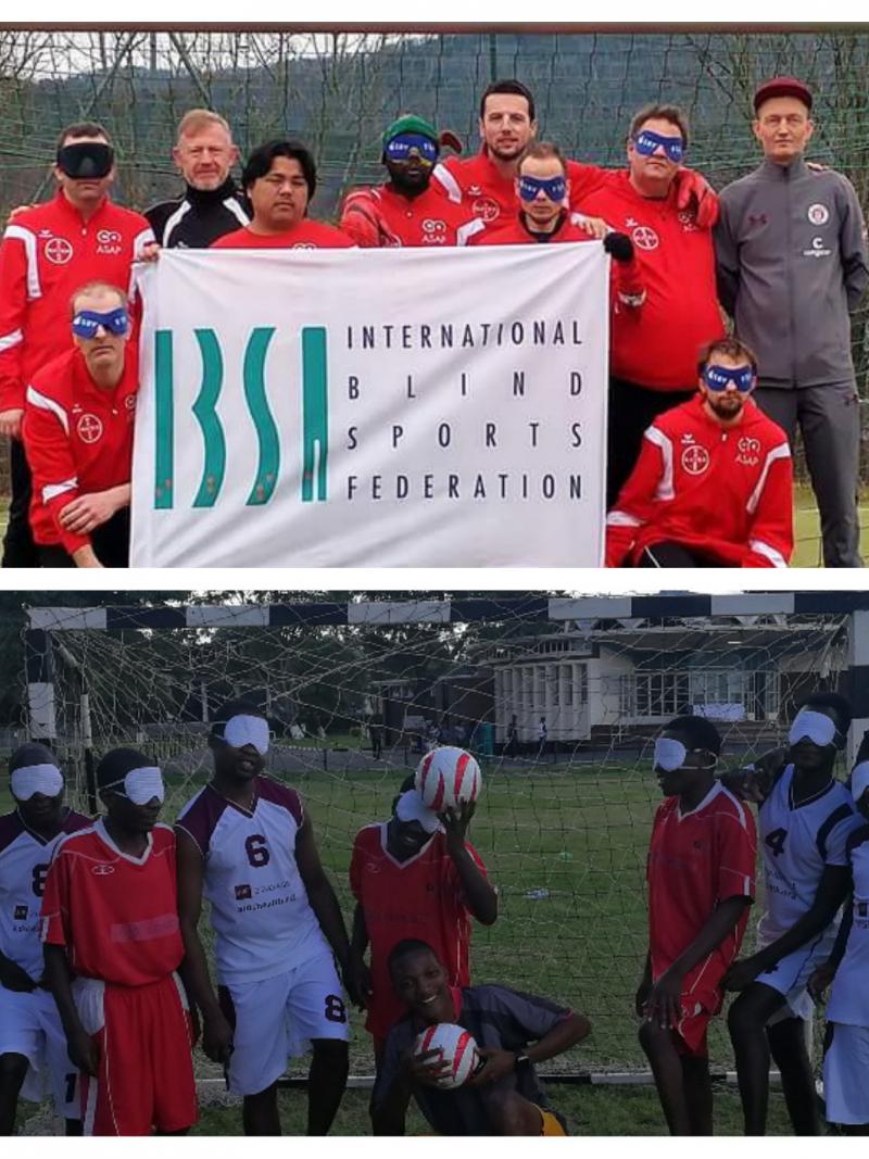 two groups of blind footballers smile for the camera