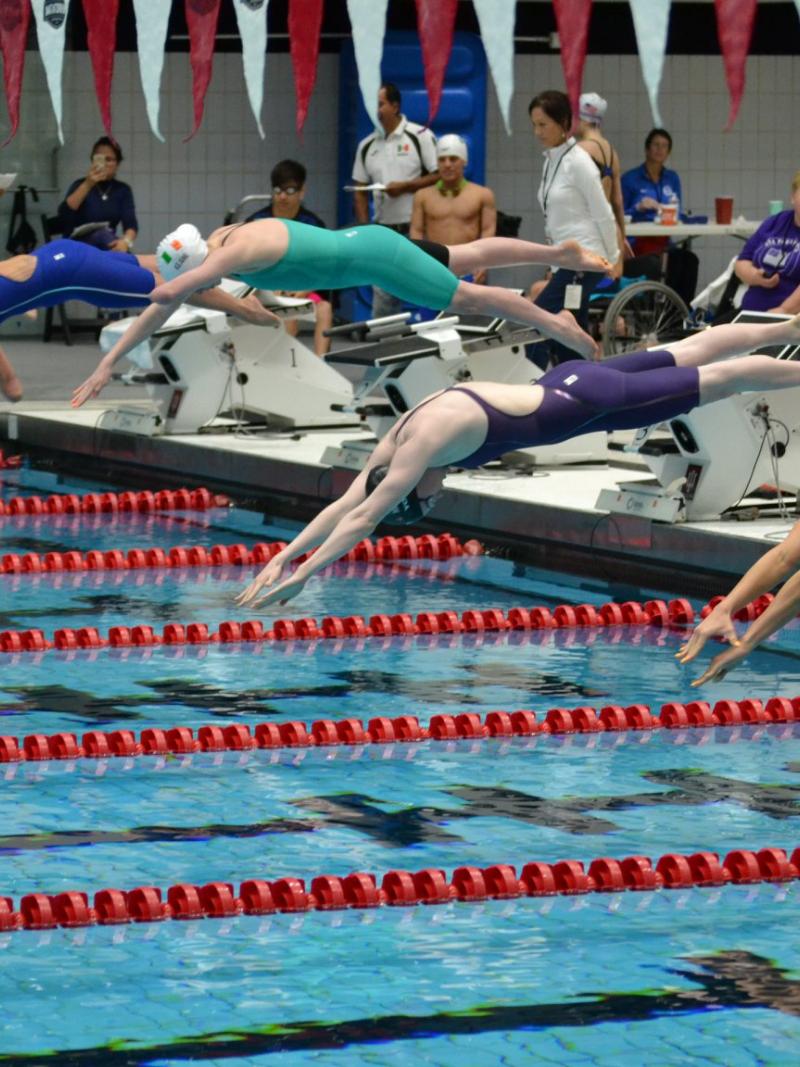 A group of female swimmers dive into a pool