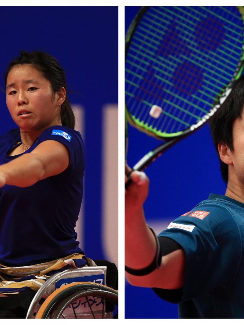 a male and female wheelchair tennis player in action
