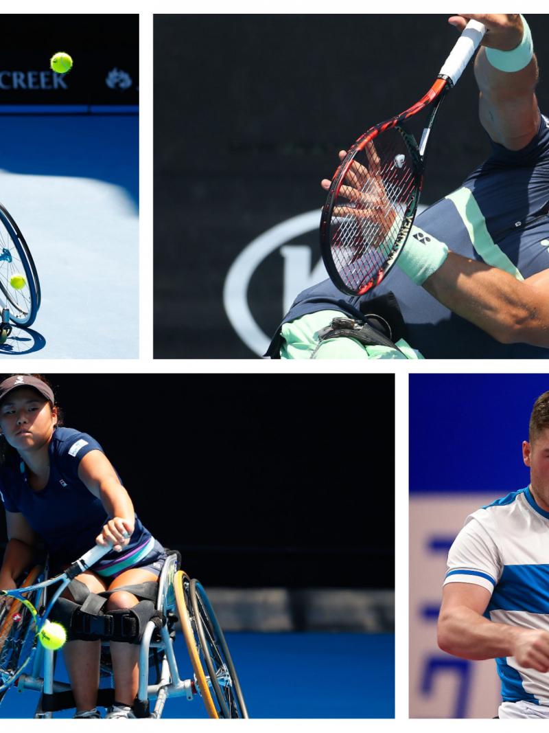 four wheelchair tennis players hitting shots on court