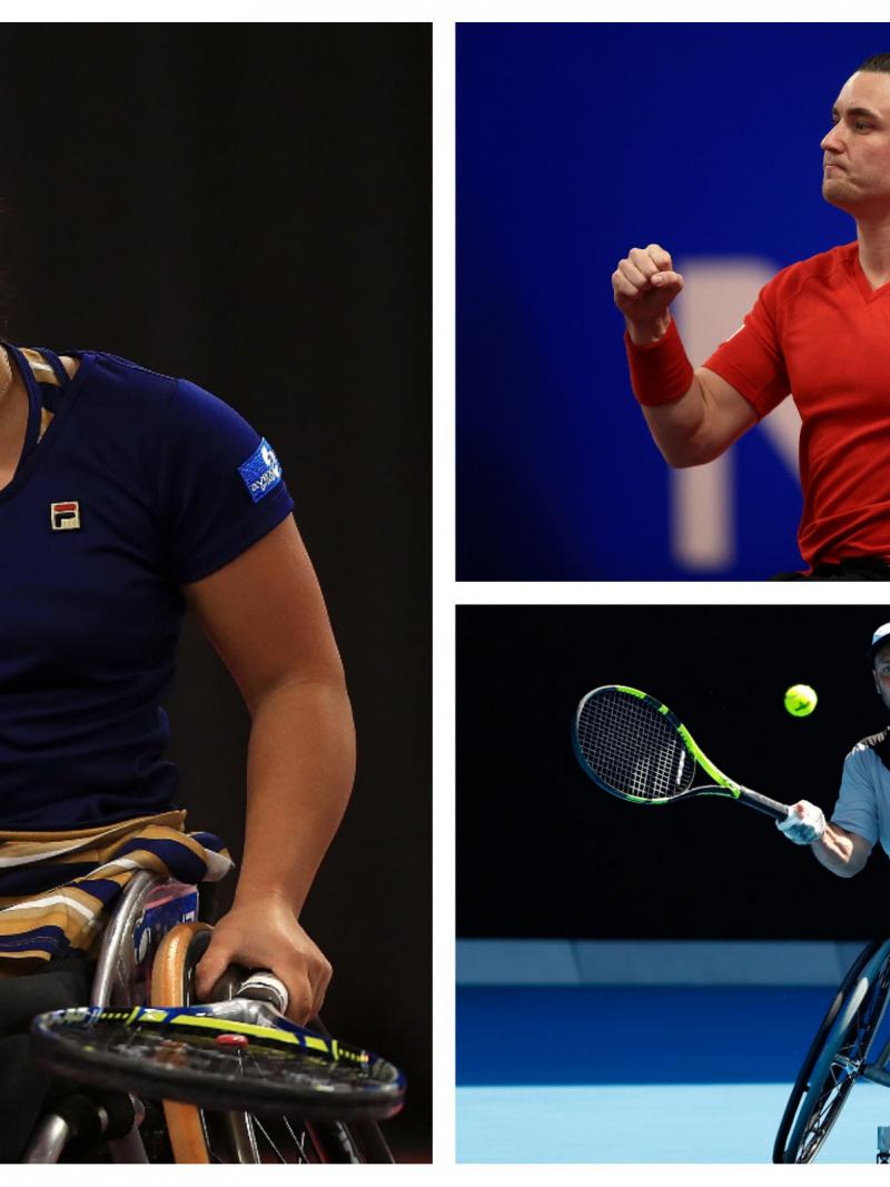 three wheelchair tennis players in action