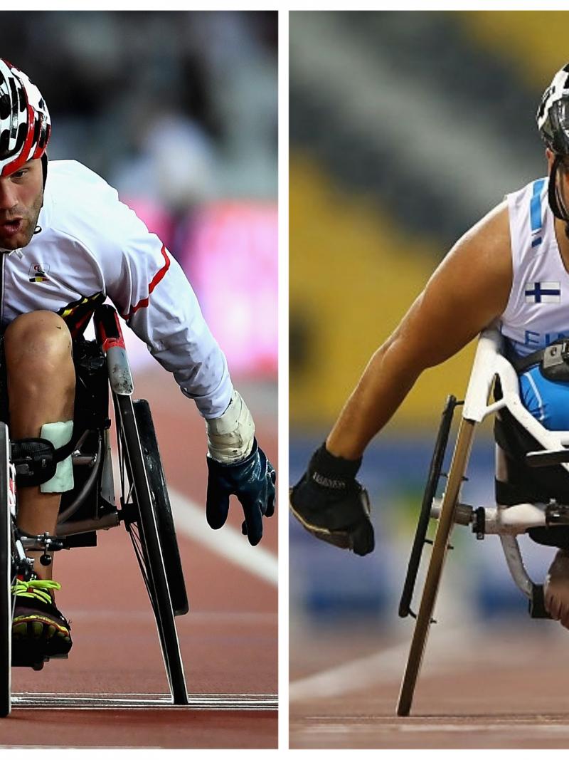 two male wheelchair racers sprint for the line