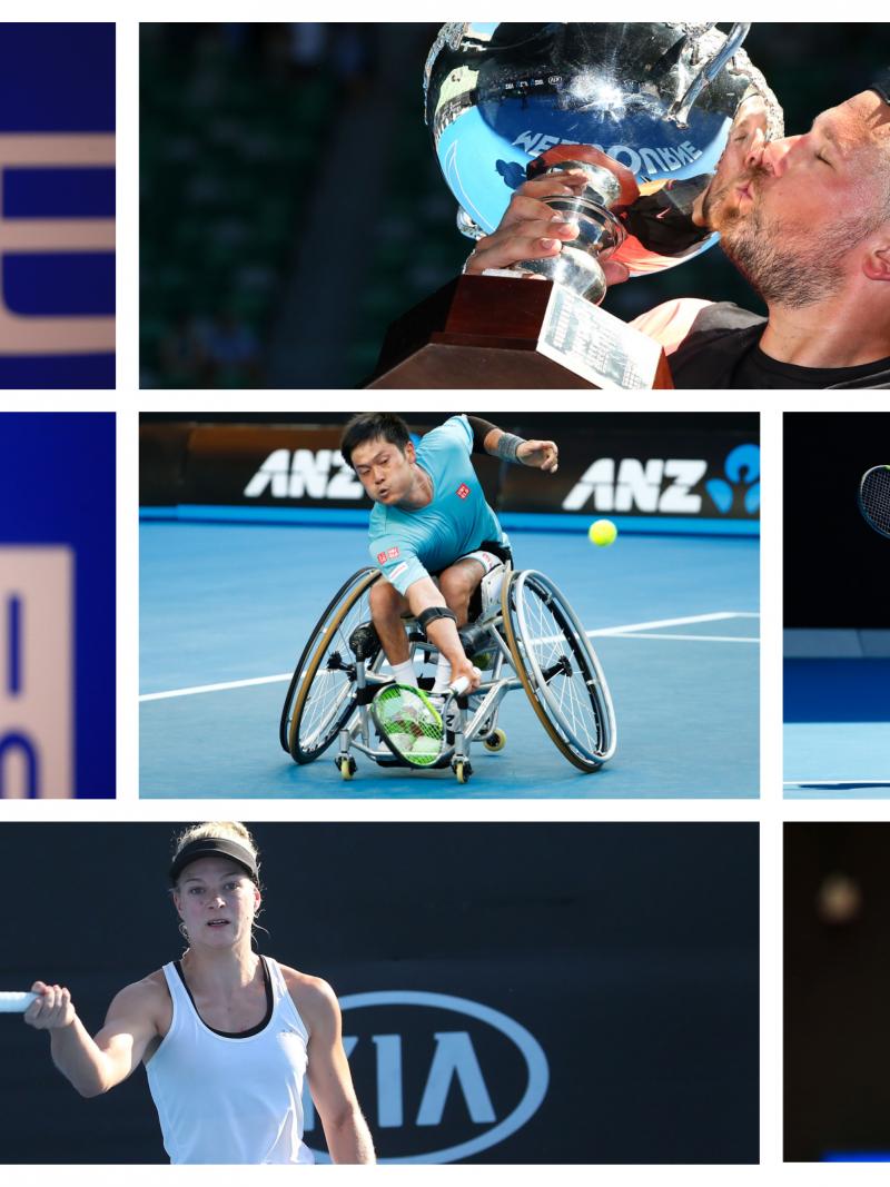 seven wheelchair tennis players in action on the court