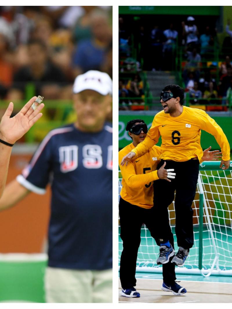 a male and female goalball team celebrate