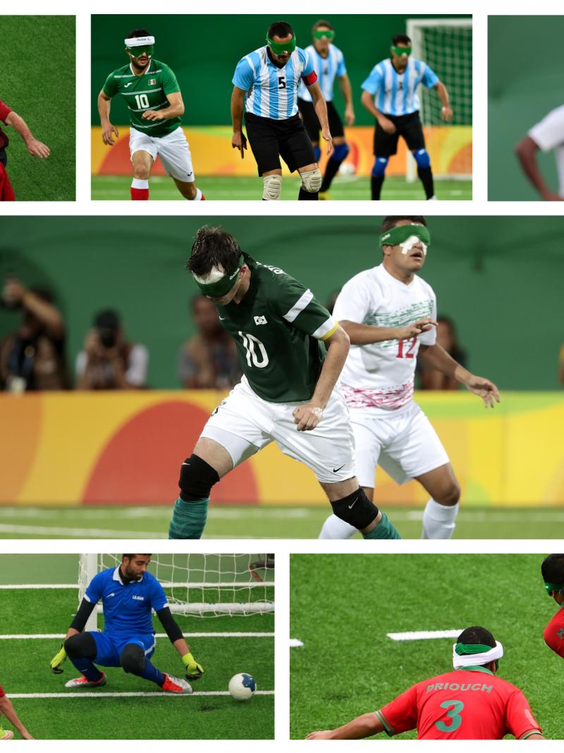 a group of blind footballers in action