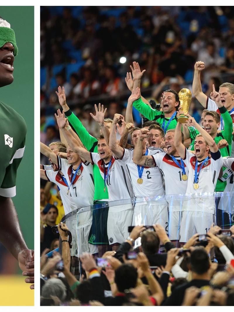 a male blind footballer and a group of able-bodied footballers holding the World Cup