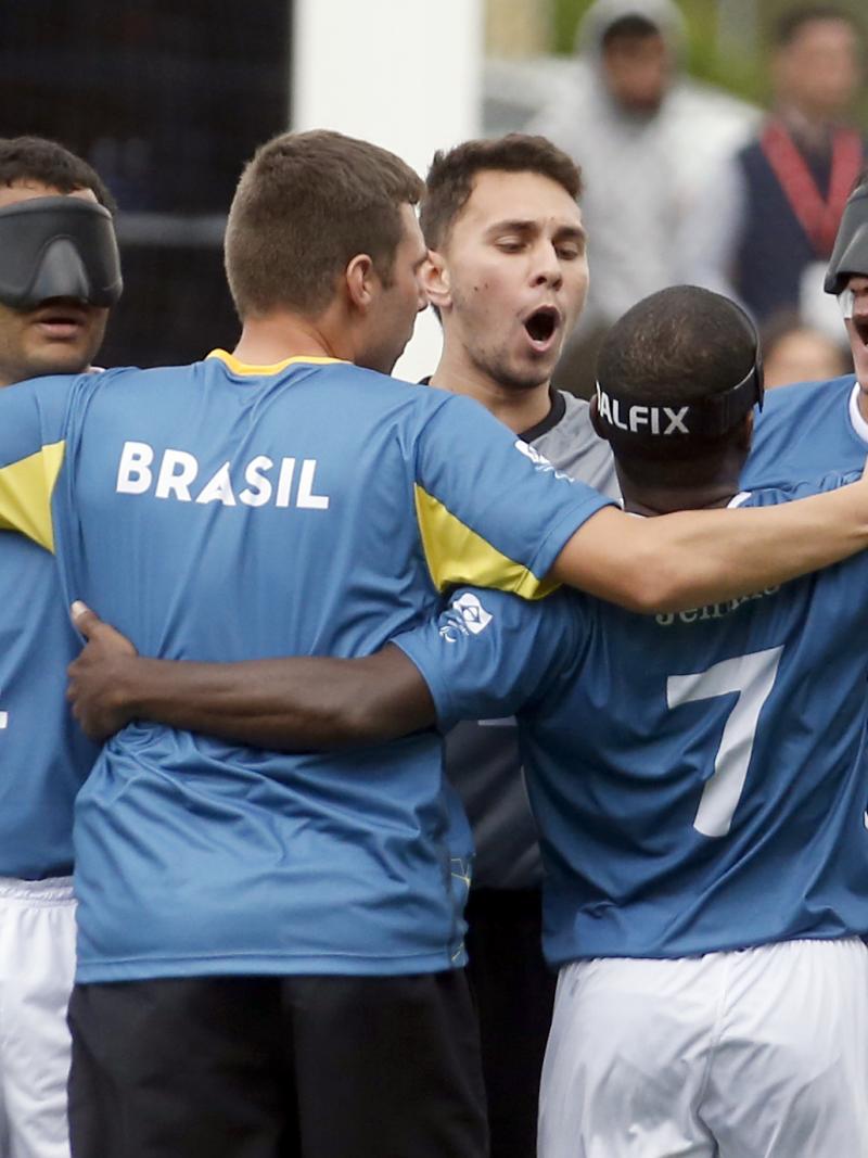 Brazilian blind footballers cheer together