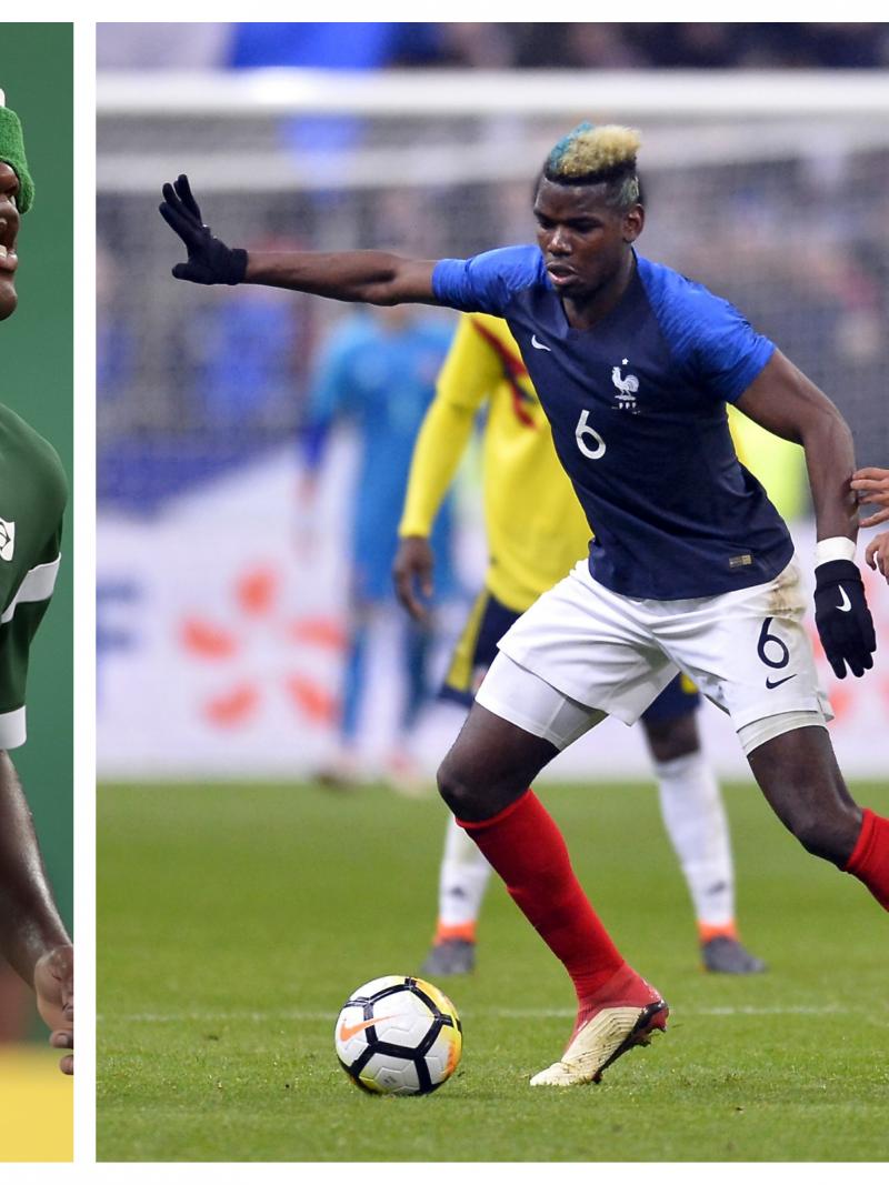 a male blind footballer and an able-bodied male footballer on the pitch