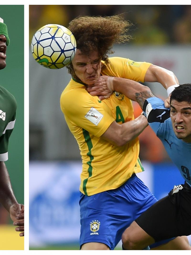a male blind footballer and two able-bodied footballers fighting for the ball