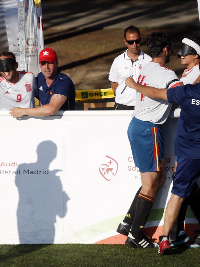 Spain celebrate after scoring a goal in the 4-1 victory over Colombia