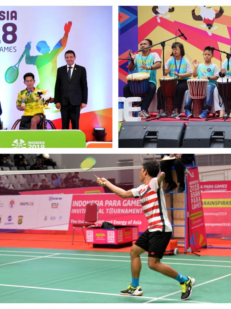 A group of Para athletes on a podium, children playing instruments, and two Para badminton players on court