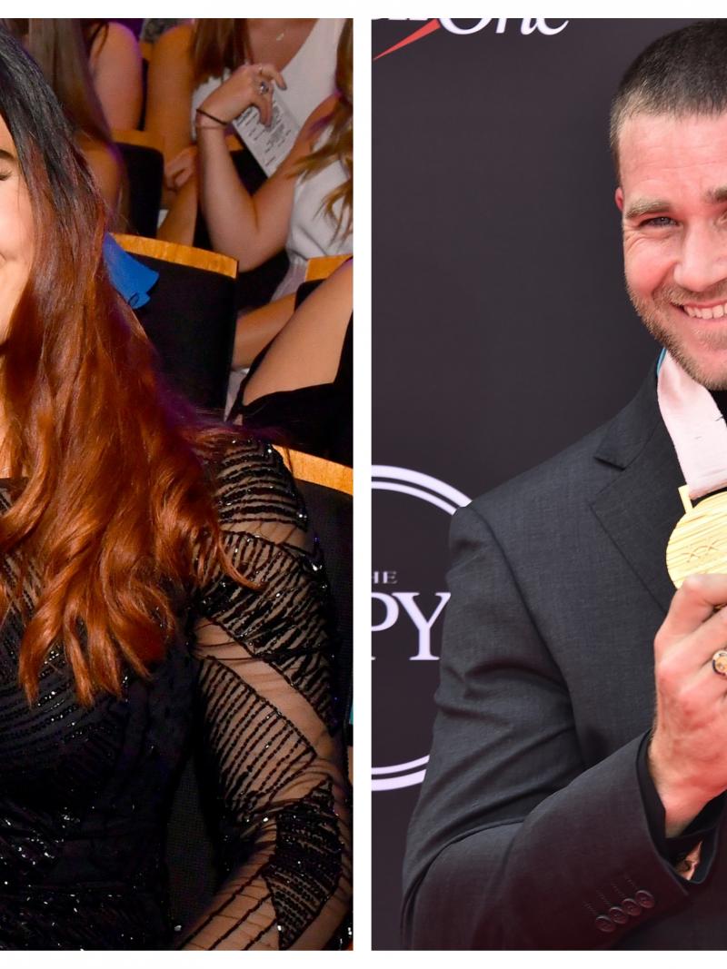 Female Para snowboarder Brenna Huckaby and male Para snowboarder Mike Schultz at an awards ceremony