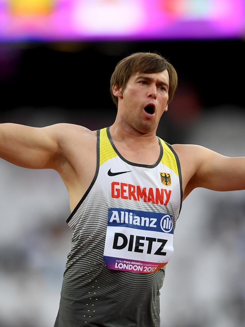 male Para athlete Sebastian Dietz reacts to throwing a shot put