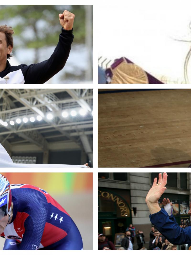 Collage of Para cyclists Zanardi, Cooke, Metelka, Chaman, Storey and Morelli