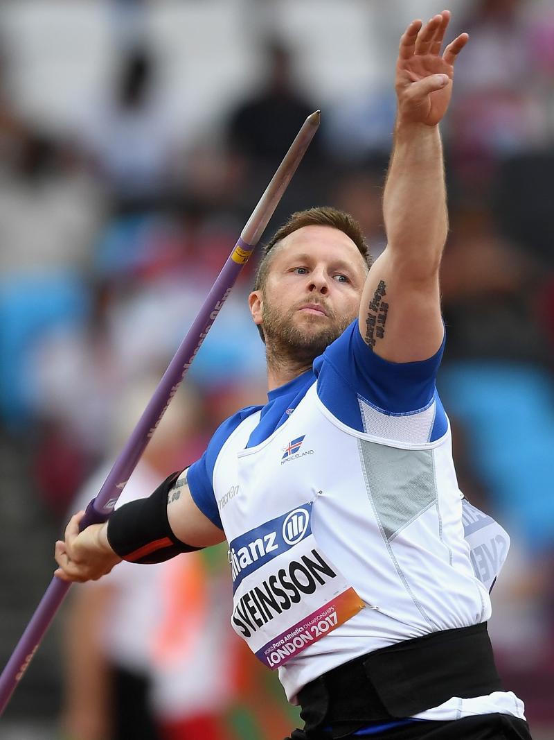 male Para athlete Helgi Sveinsson prepares to throw the javelin