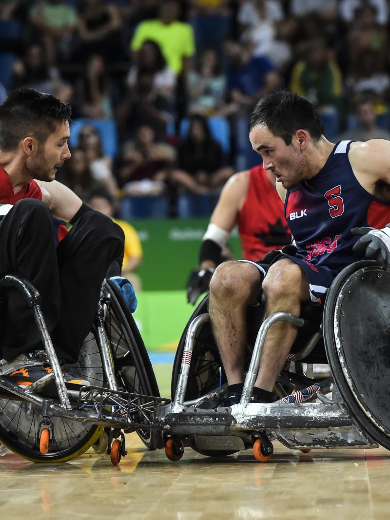 male wheelchair rugby player Trevor Hirschfeild collides on court with a US male player 