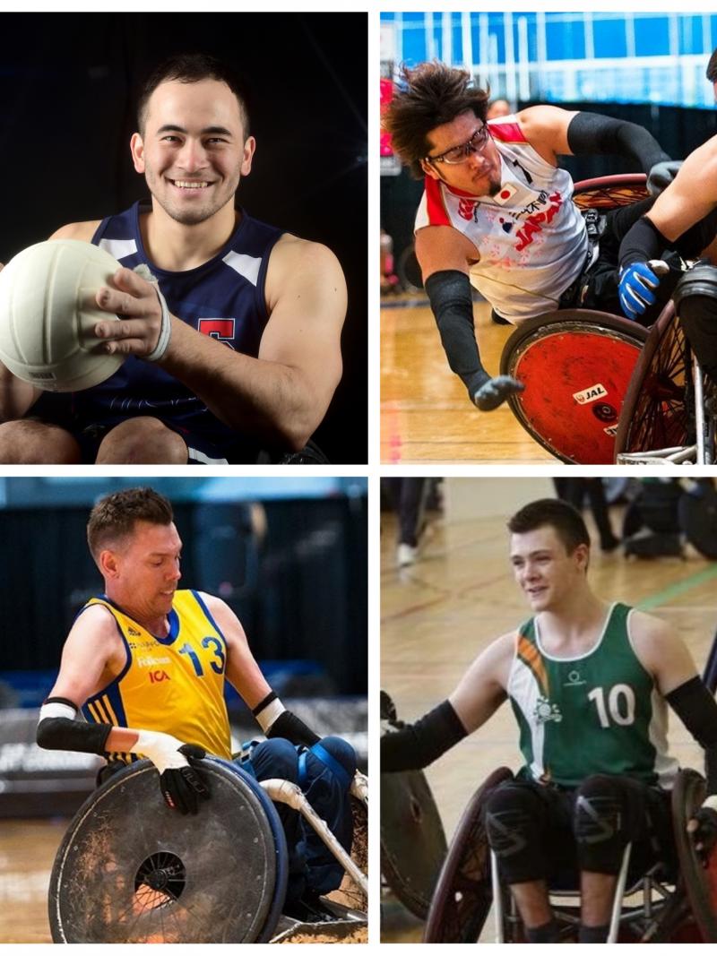 collage of eight wheelchair rugby players in action