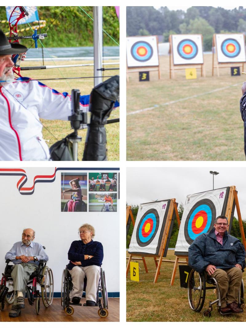 people in wheelchairs taking part in an archery demonstration at Stoke Mandeville hospital