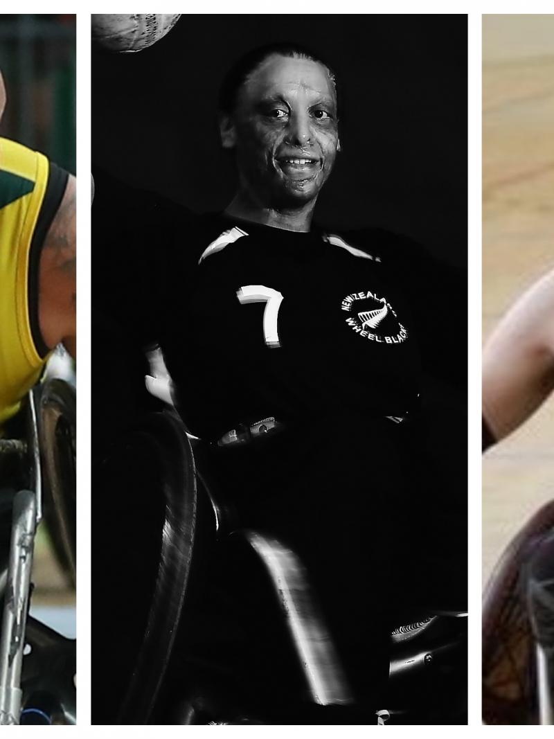 wheelchair rugby players Ryley Batt, Maia Amai and Thomas Moylan in action on the court