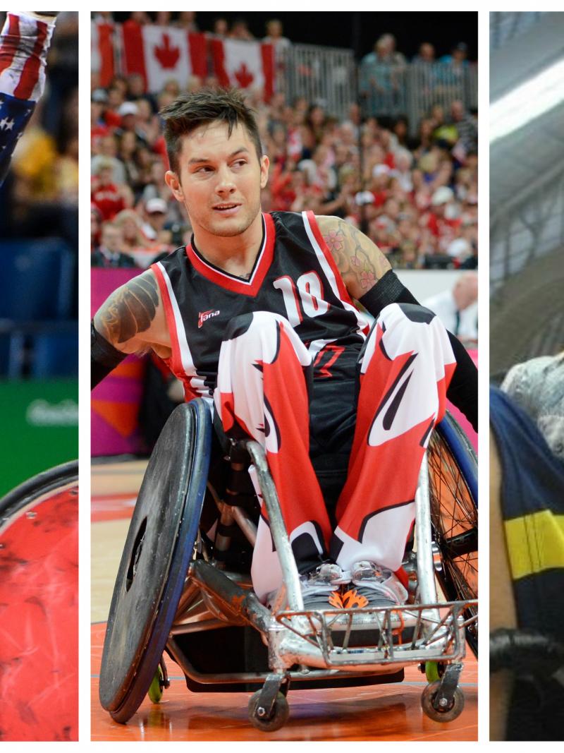 wheelchair rugby players Chuck Aoki, Trevor Hirschfield and Carlos Neme in action on the court