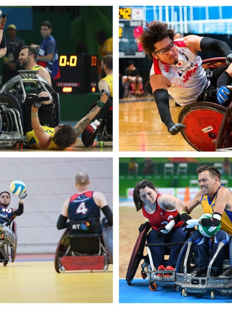 wheelchair rugby players from Australia, Japan, Great Britain, Denmark and Sweden in action on the court