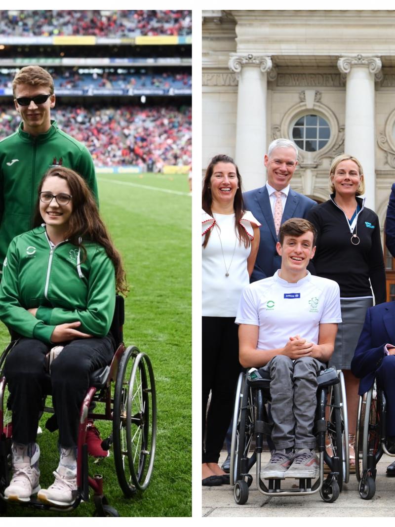 A group of male and female swimmers in wheelchairs on a football pitch and with the Taoiseach outside Dublin's government buildings