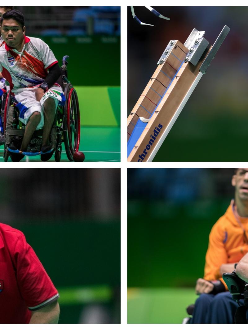 four male boccia players in action