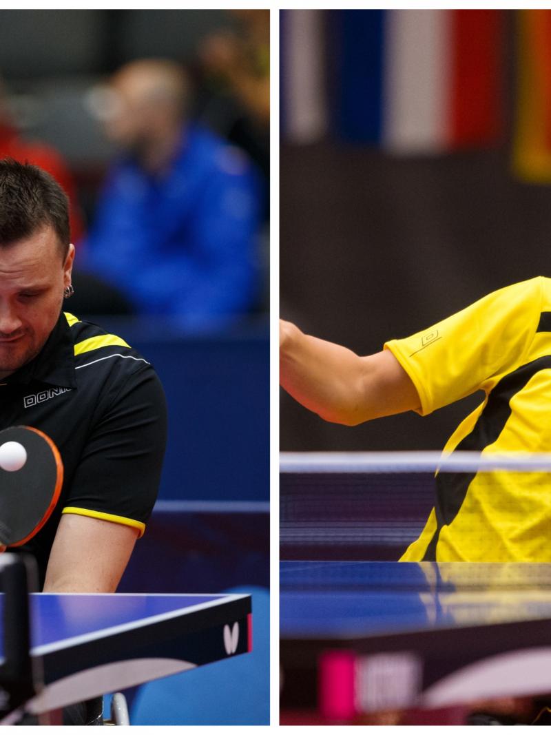 male Para table tennis players Thomas Bruechle and Thomas Schmidberger in action