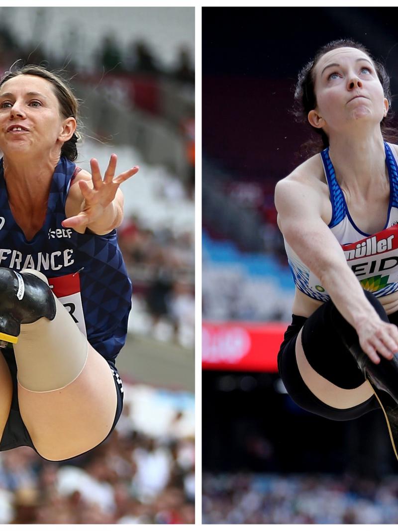 female long jumpers Marie-Amelie le Fur and Stef Reid in mid-air over the sandpit