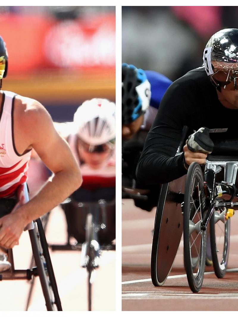 male wheelchair racers Richard Chiassaro and Marcel Hug on the track