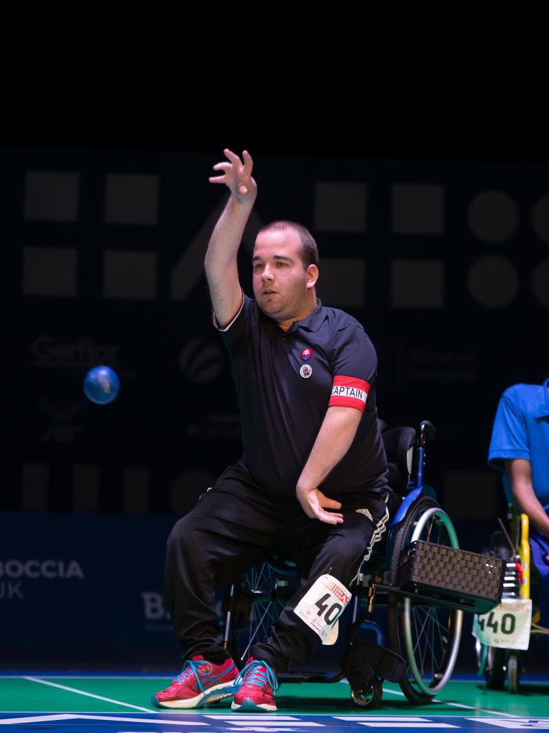 Men in a wheelchair throwing a blue ball observed by other two men