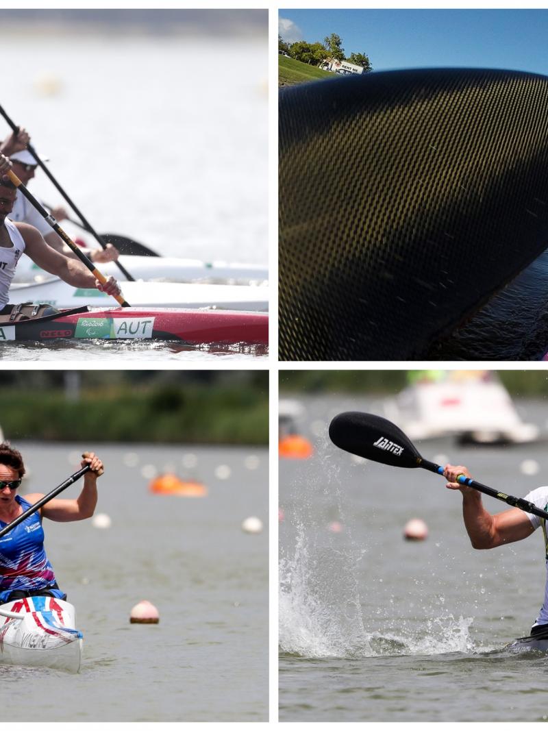 two male and two female Para canoeists in action on the water