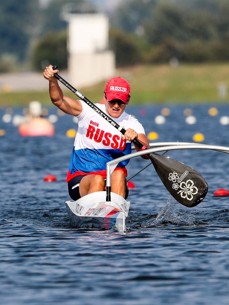 female Para canoeist Larisa Volik takes a stroke