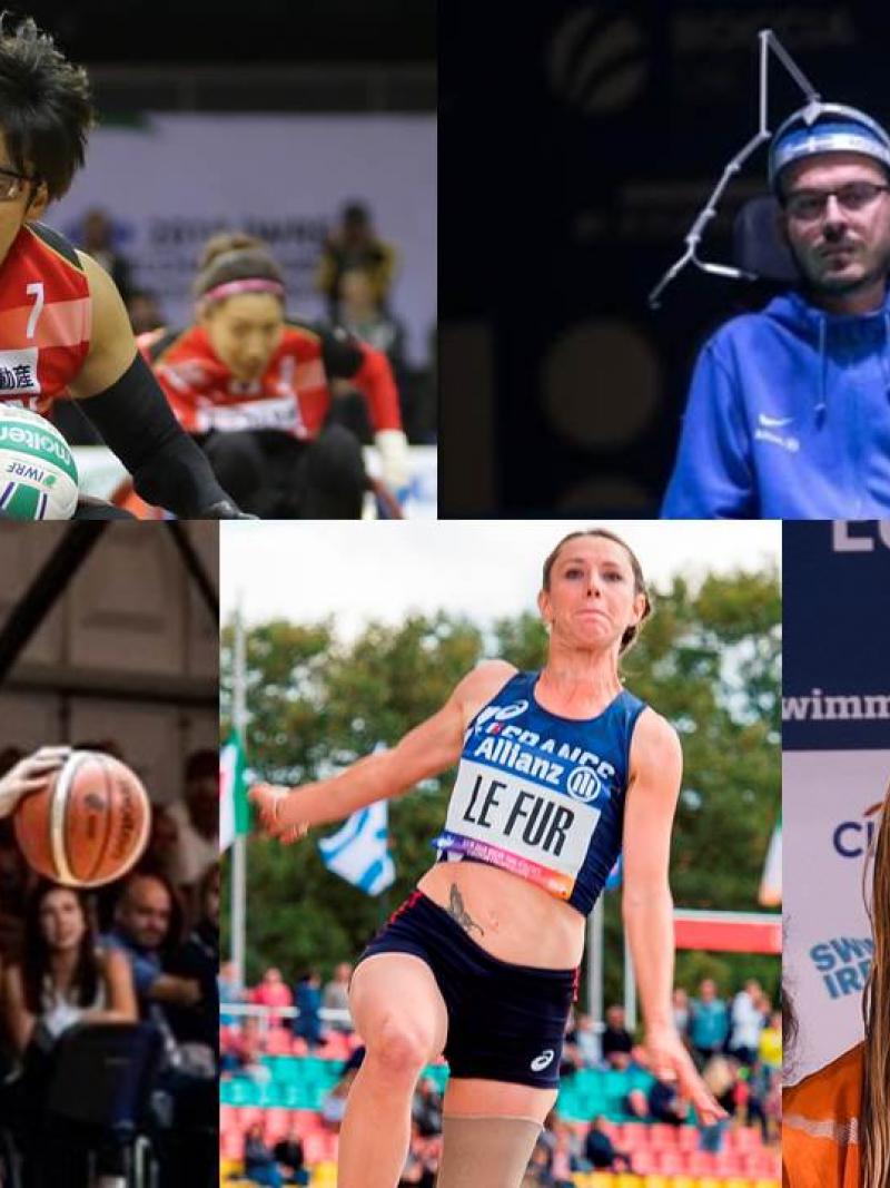Picture collage of boccia, wheelchair basketball, wheelchair rugby, swimming and athletics athletes nominated for a poll