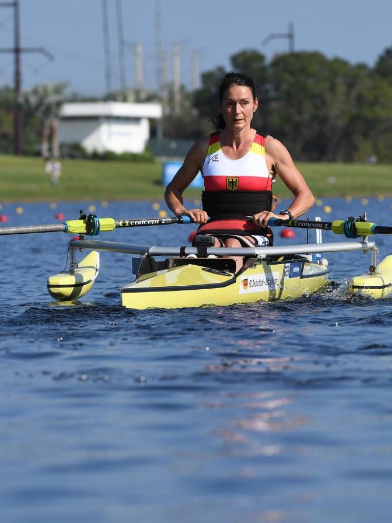 female Para rower Sylvia Pille-Steppat in her boat